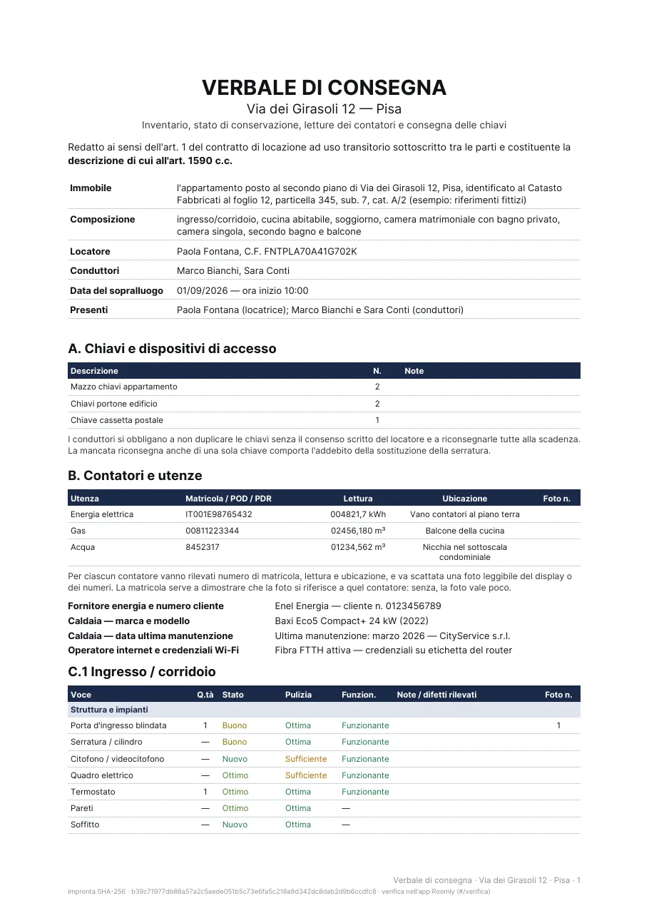 Pagina 1: intestazione, chiavi, contatori e ingresso